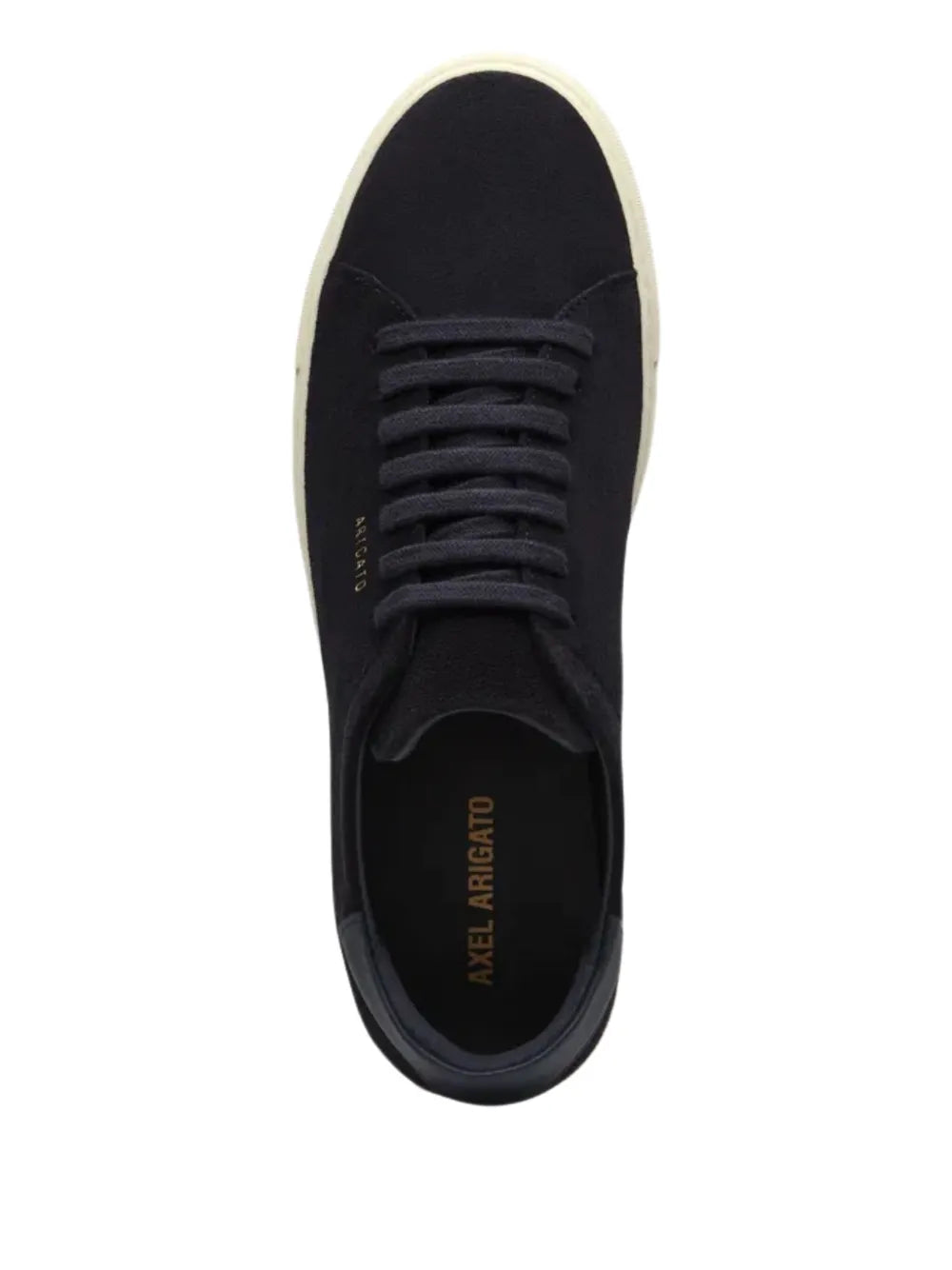 Navy lace-up sneaker with Axel Arigato text on insole and cream toe trim