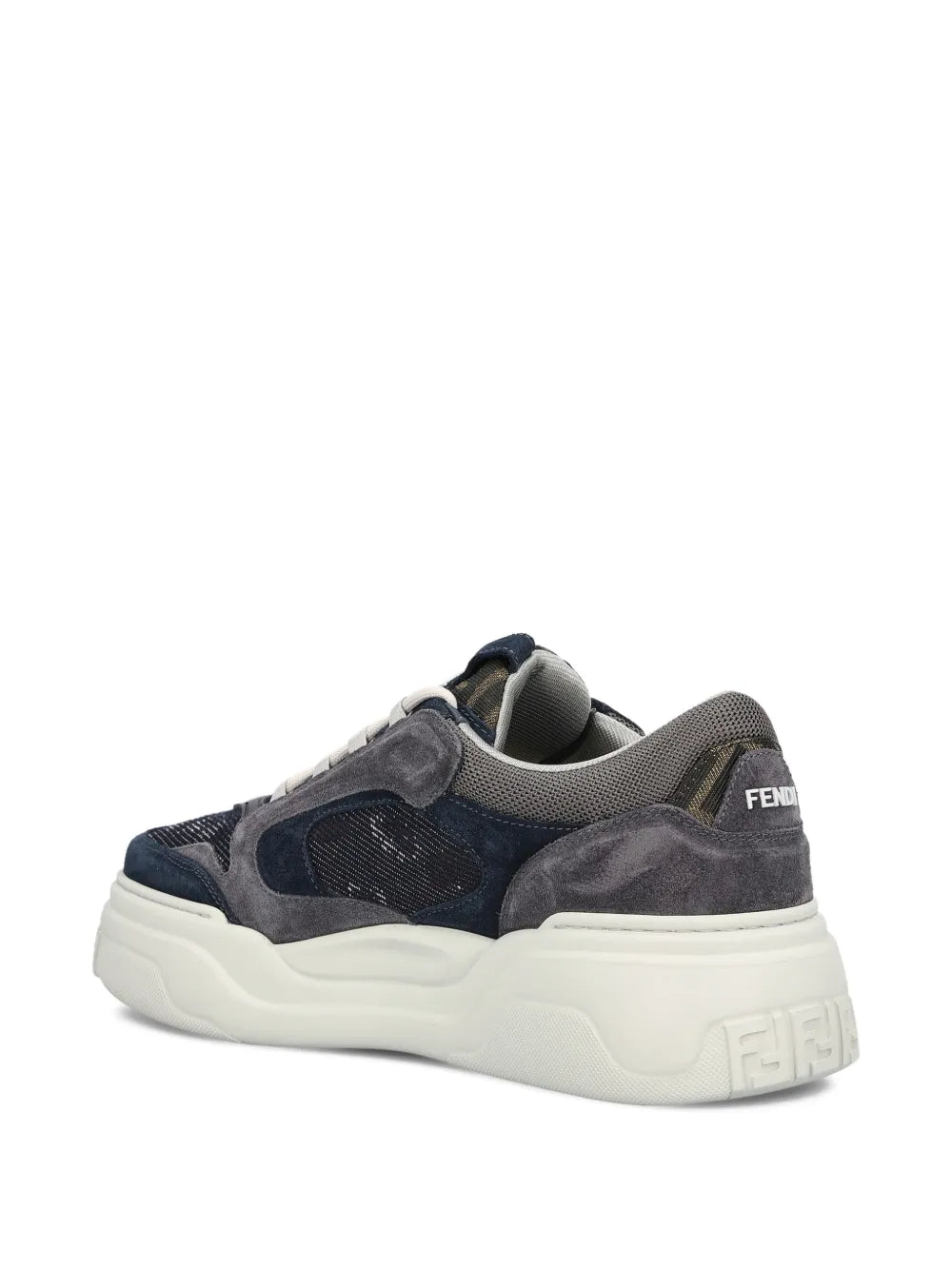Fendi Force sneakers, heel view with navy mesh, gray suede panel, and white platform sole
