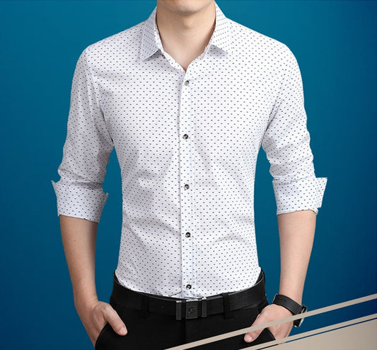Men's dress shirt in white with small dot pattern, button-up placket and cuffs