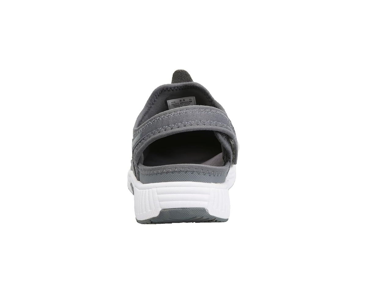 Grey slip-on sneaker heel with padded collar and white midsole, rear view
