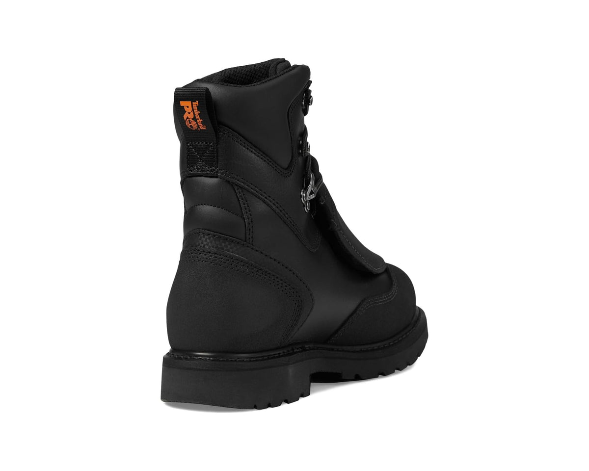 Black 8-inch lace-up work boot side view with heel counter and orange label
