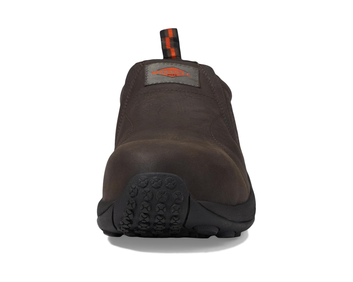 Men's Merrell work moc leather slip-on shoe, dark espresso, rear view with textured toe cap