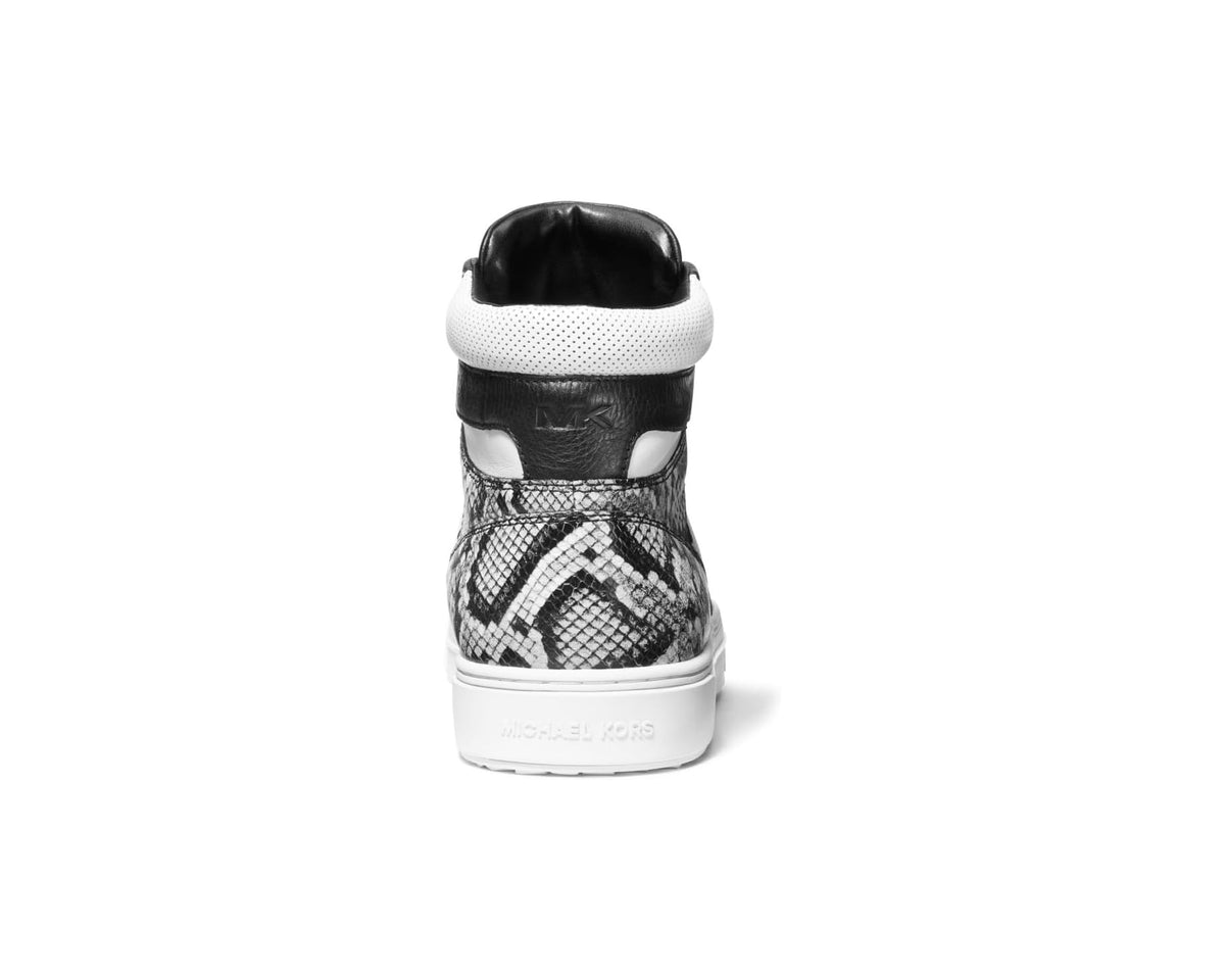 High-top sneakers heel view in black and white, with snake-print upper and padded collar.