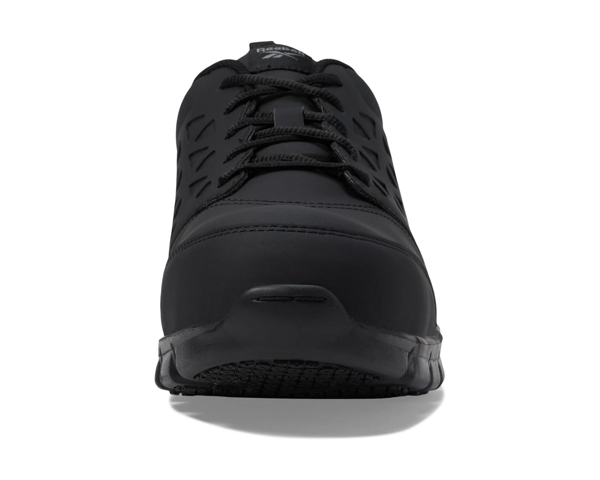 Men's Reebok black work sneaker, front view with lace-up and cushioned toe cap