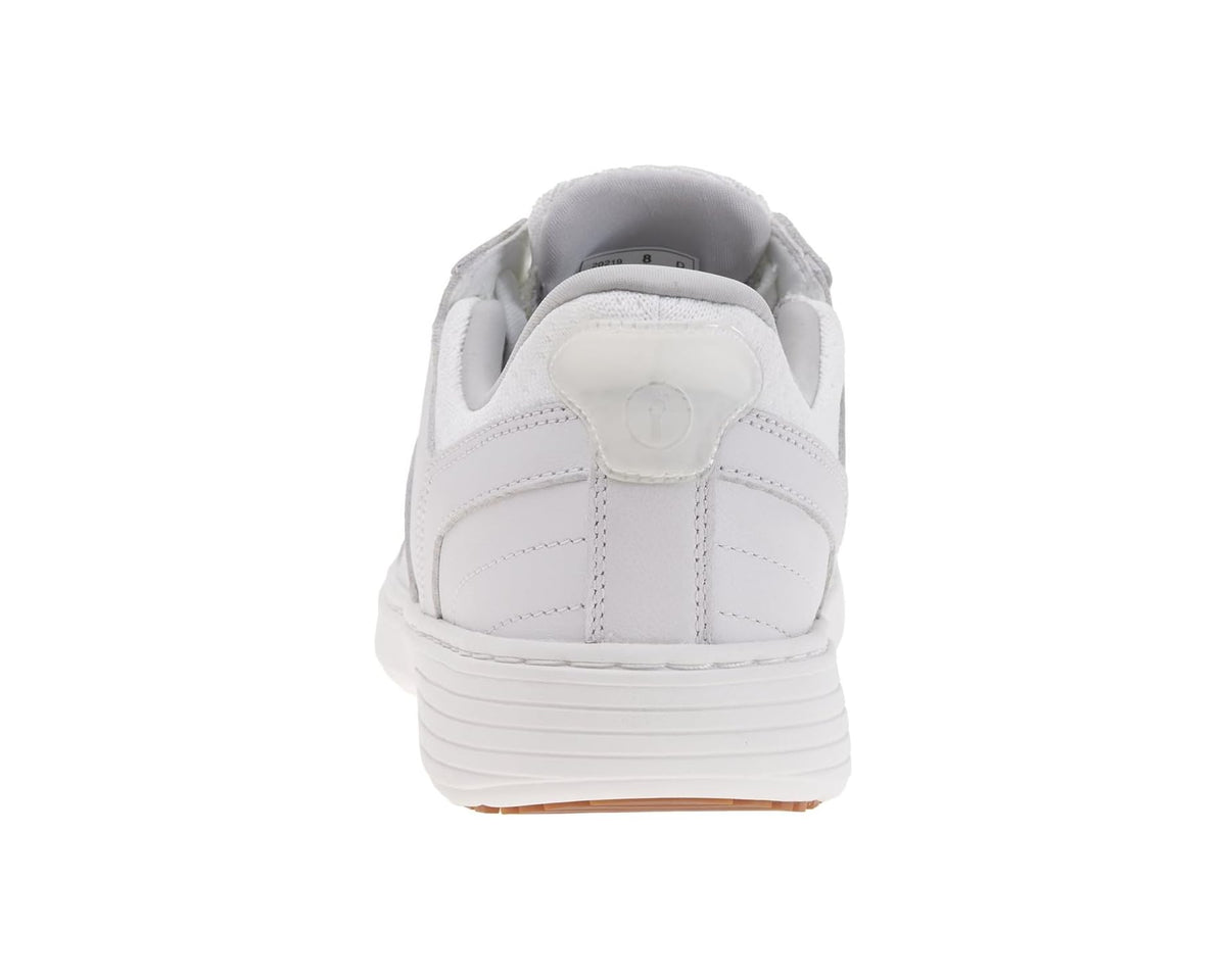 Men's white sneaker heel with padded back collar and stitched seams