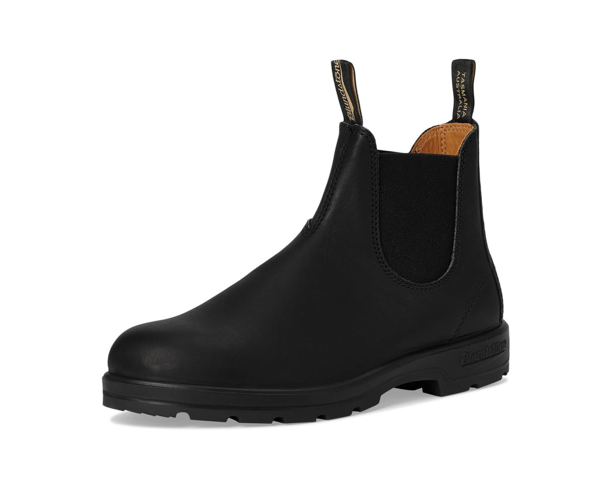 Black leather Chelsea boot front view with elastic side panels