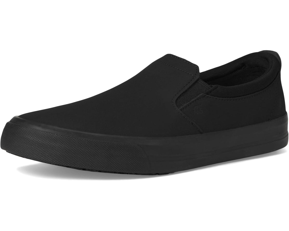 Black slip-on casual work shoe with textured sidewall sole