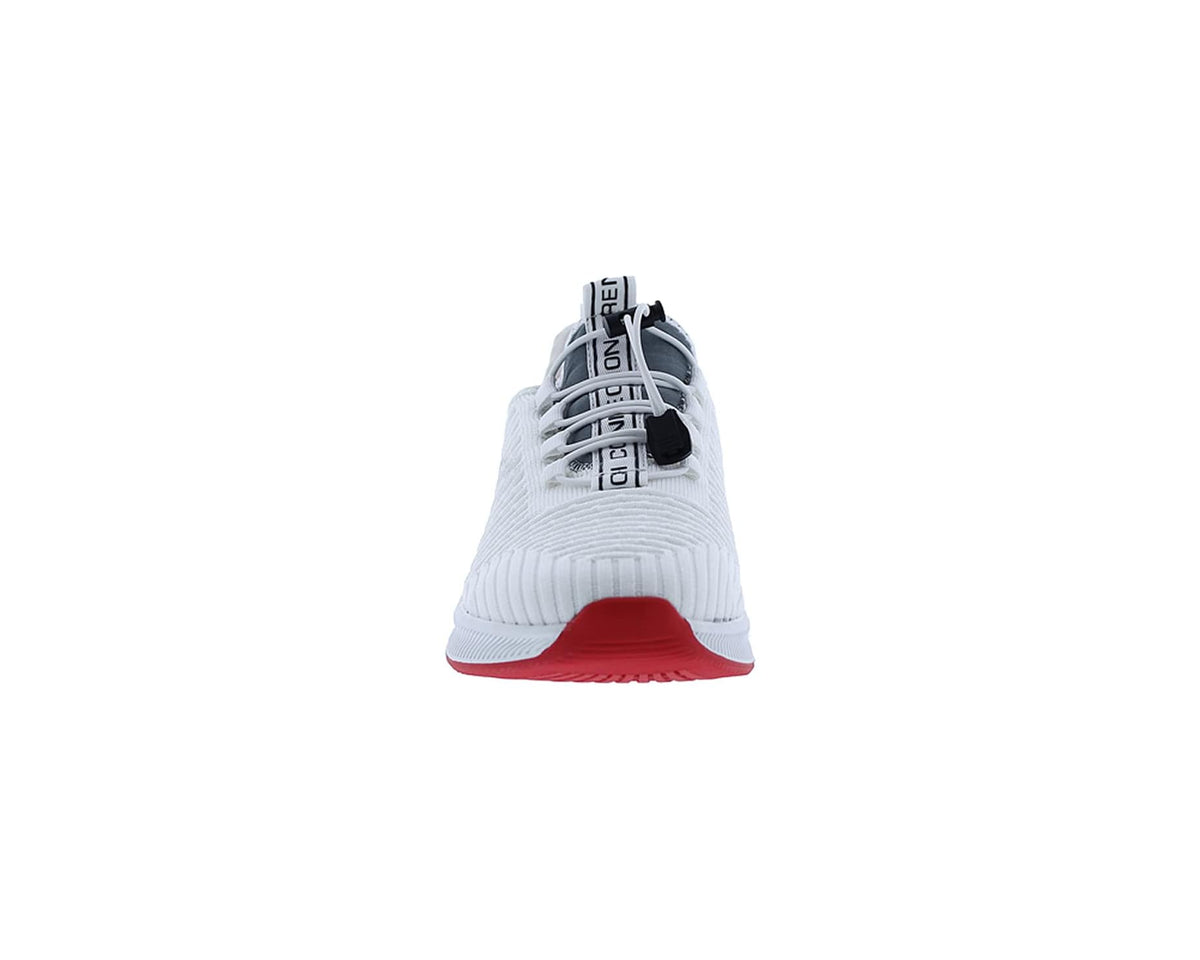 White lace-up sneaker with black text heel label and red outsole trim