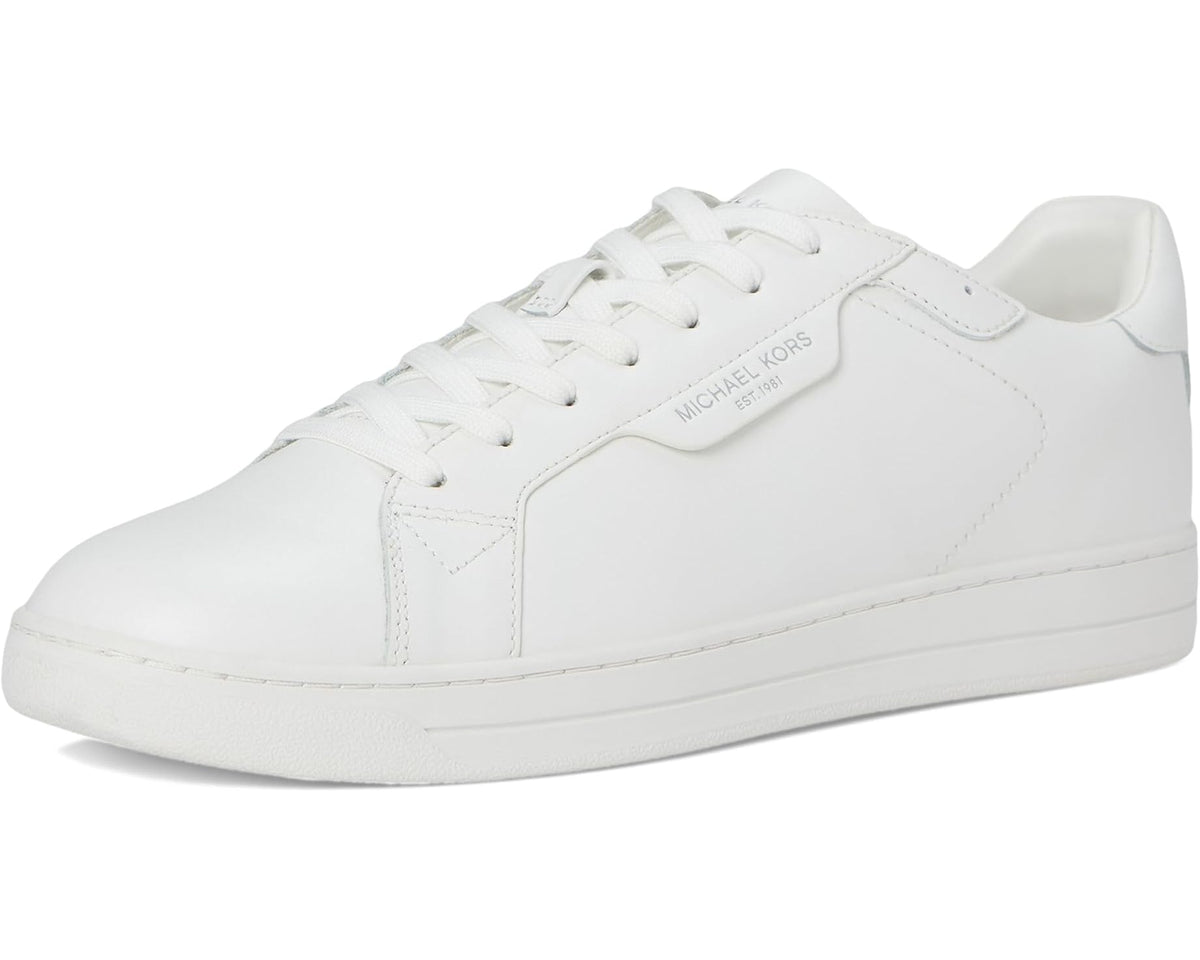 Optic white lace-up leather sneakers with low profile and front logo patch