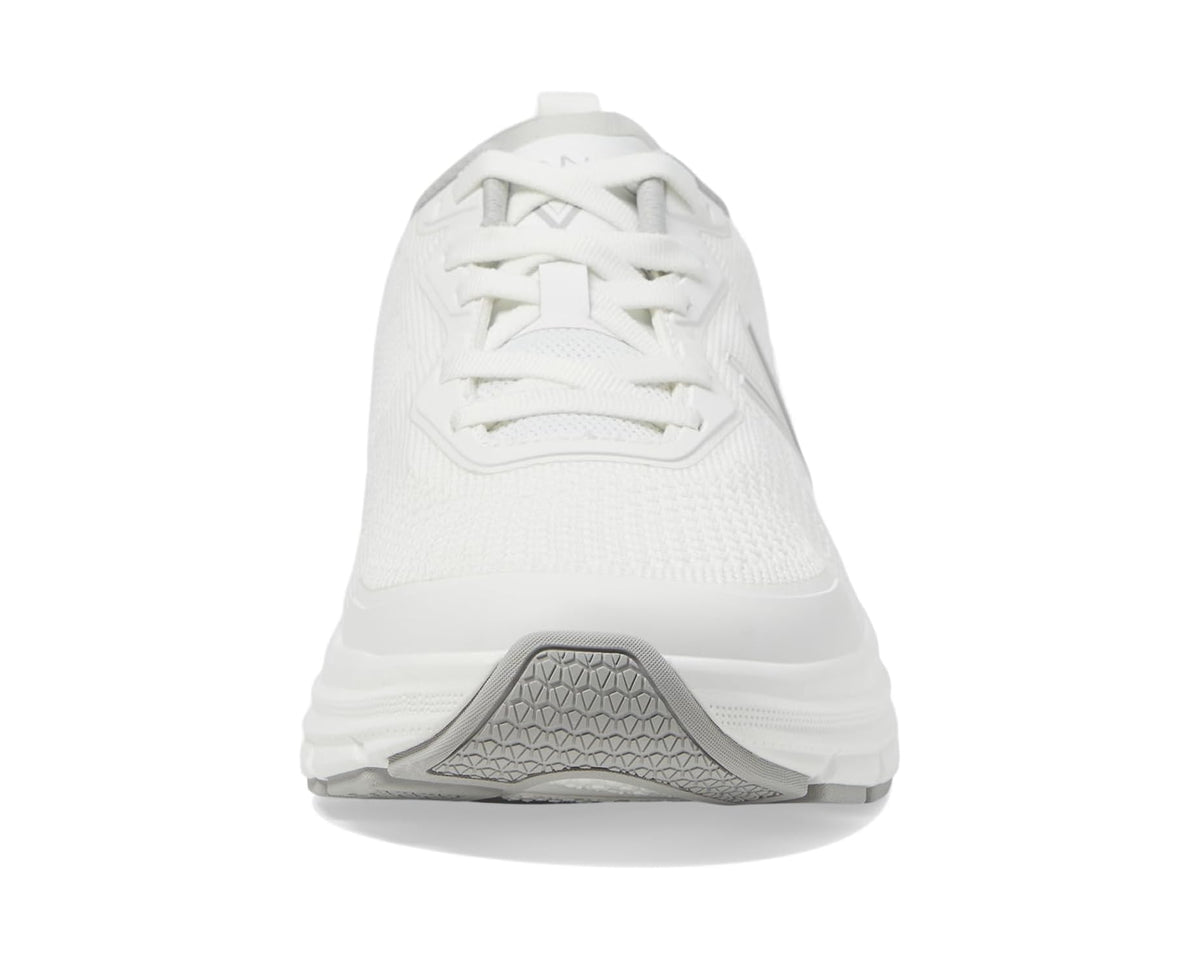 White knit sneaker front view, lace-up with textured vamp and padded collar