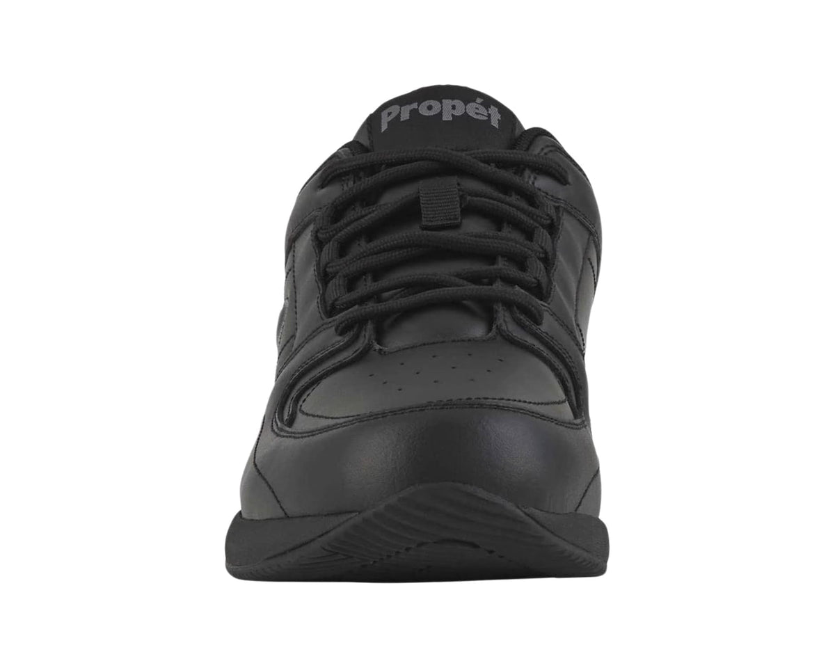 Black lace-up walking shoe with Propet branding on tongue and smooth toe cap