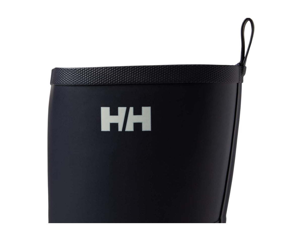Close-up of dark navy rain boot upper with HH logo and loop pull tab
