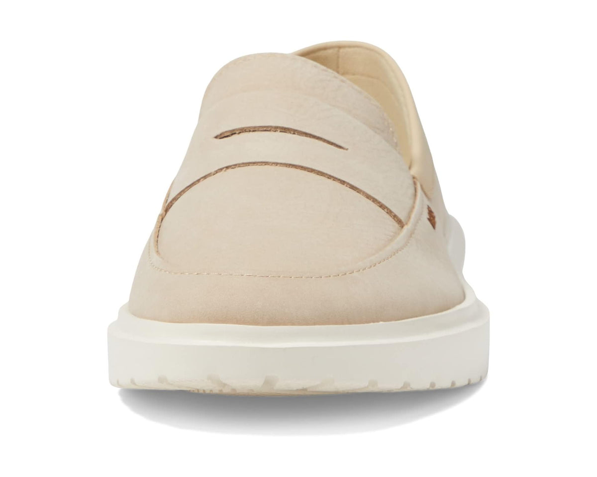 Men's sand suede penny loafer rear view with wavy stitching detail