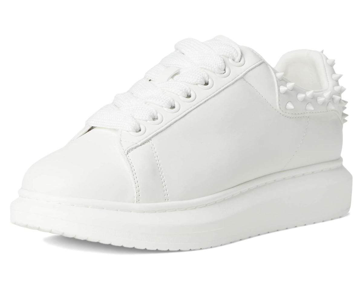 Men's white low-top sneakers with lace-up front and spiked collar detail