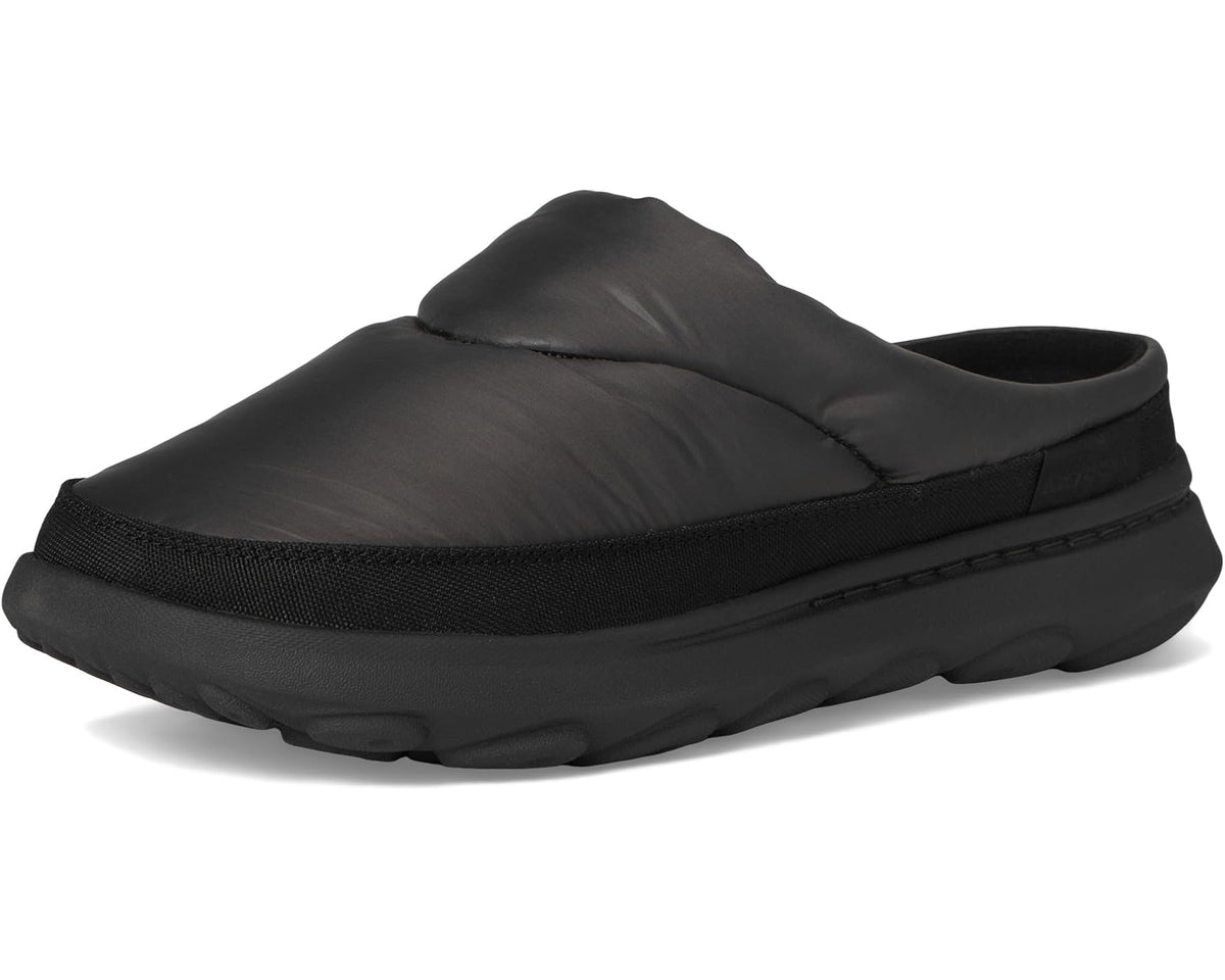 Black quilted men's slide moc with padded vamp and grippy sole