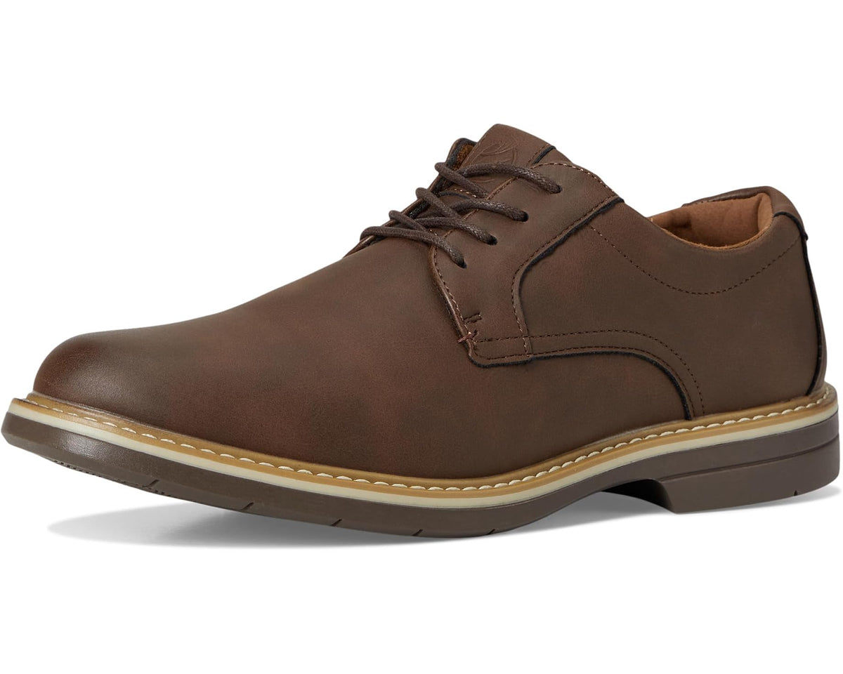 Men's dark brown lace-up oxford shoe side profile with textured rubber sole