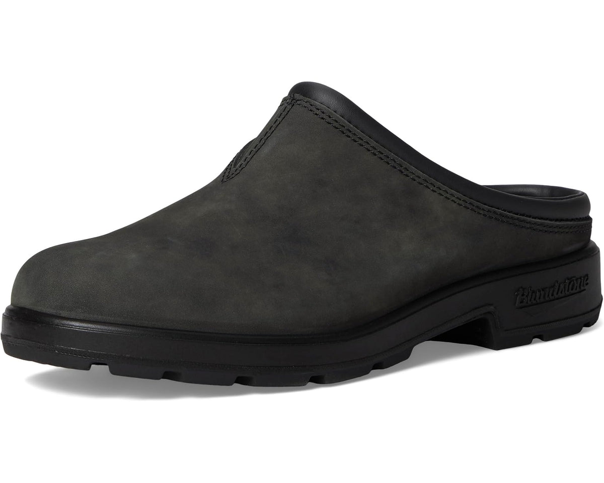Unisex slip-on clog single shoe with rugged sole and rustic black suede