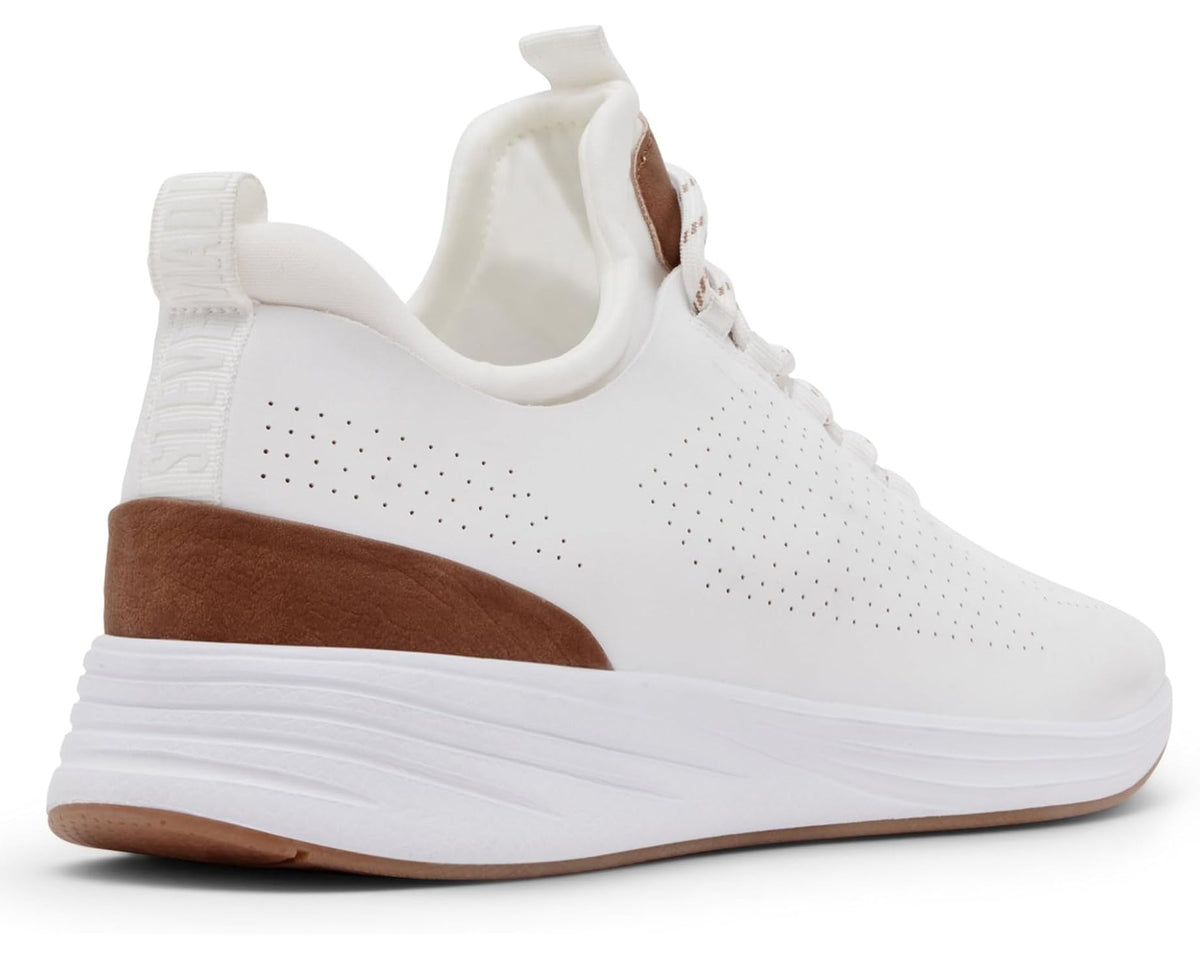 Steve Madden cream low-top sneakers with brown side panel and white rubber midsole