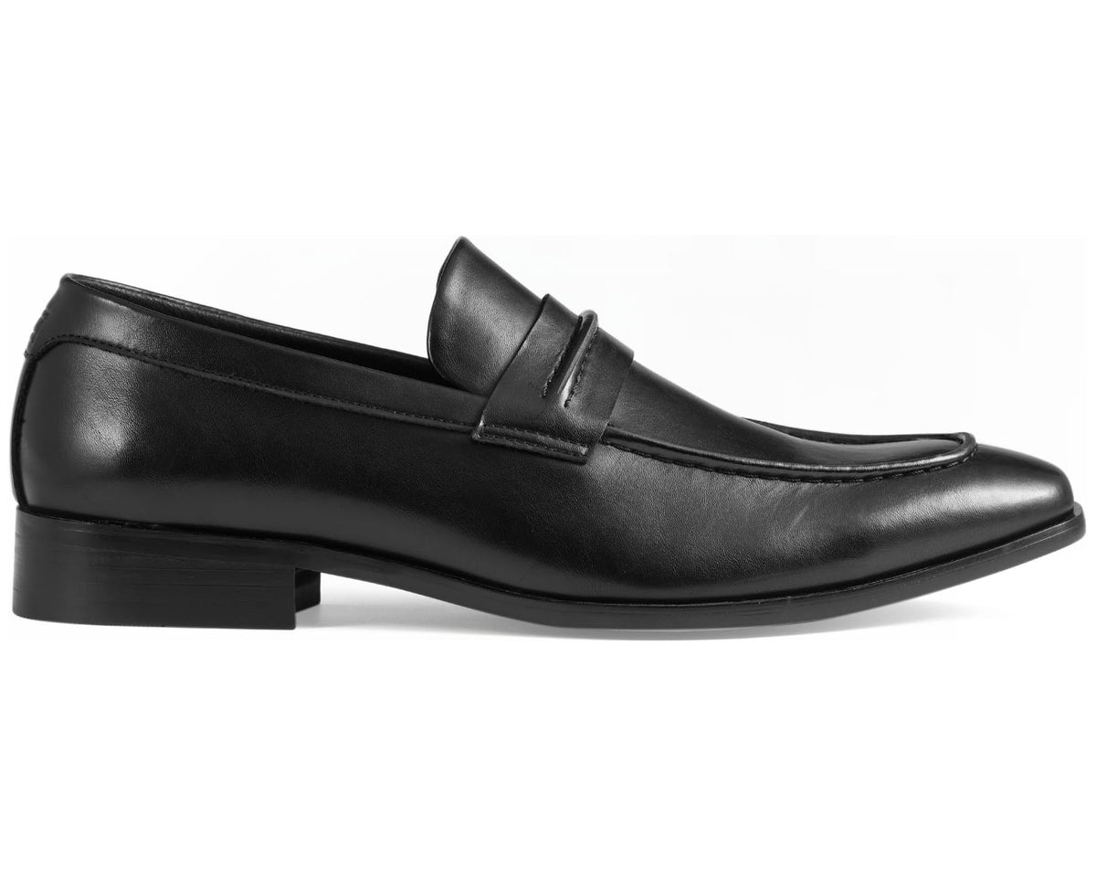 Black leather loafer side profile with short block heel