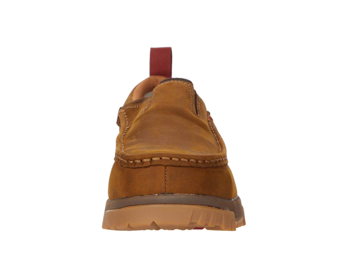 Men's brown suede work slip-on shoe, back view with vertical pull tab and tread sole