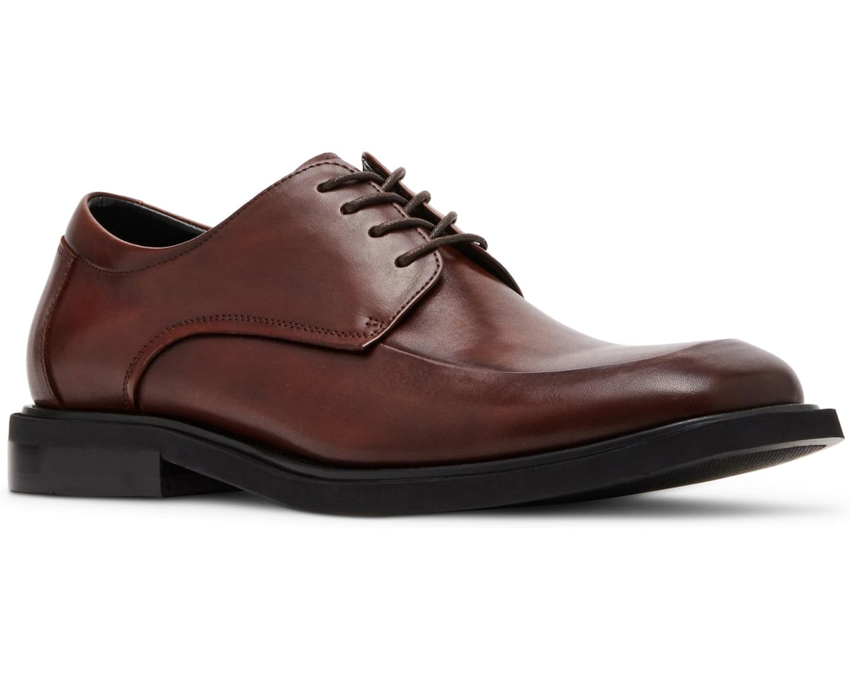 Men's cognac leather lace-up oxford shoe front 3/4 view with black sole