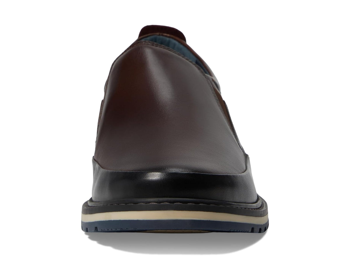 Men's brown leather slip-on shoes with black heel cap and blue-accent sole edge