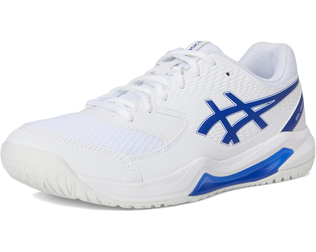 Men's ASICS Gel-Dedicate 8 white running shoes with blue heel stripe and textured sole