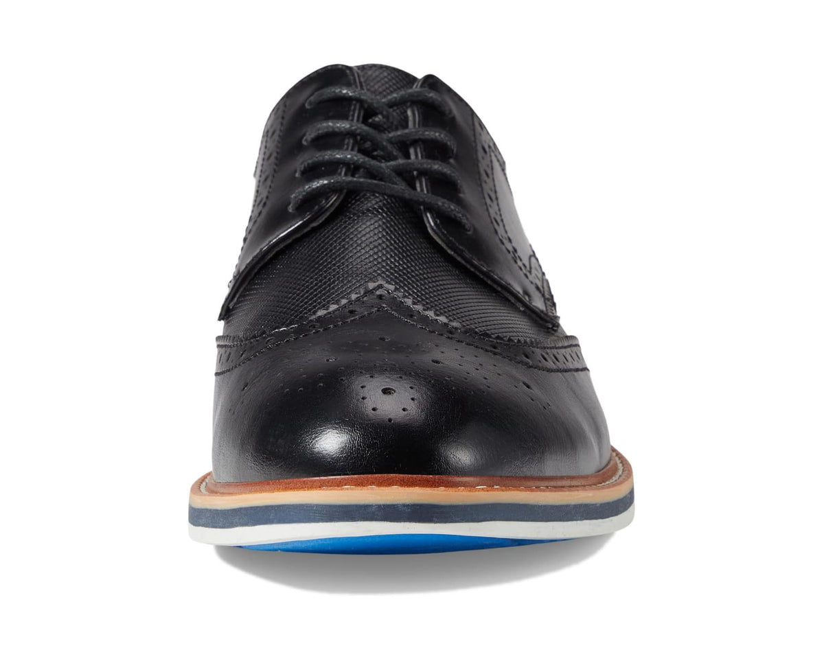 Men's black lace-up oxford with perforated toe and blue-white sole
