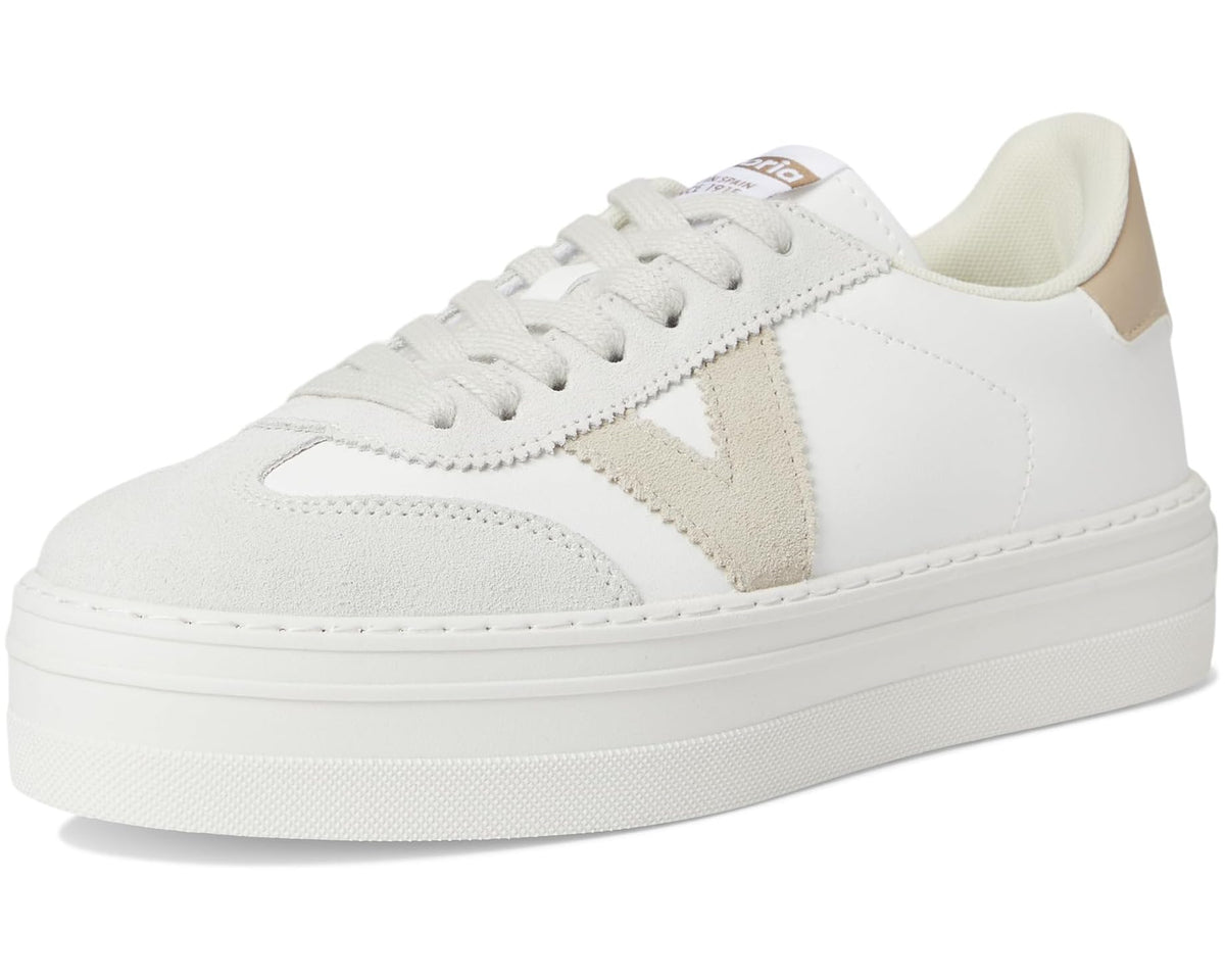 Unisex low-top sneakers front 3/4 view, white leather with beige suede triangle panel