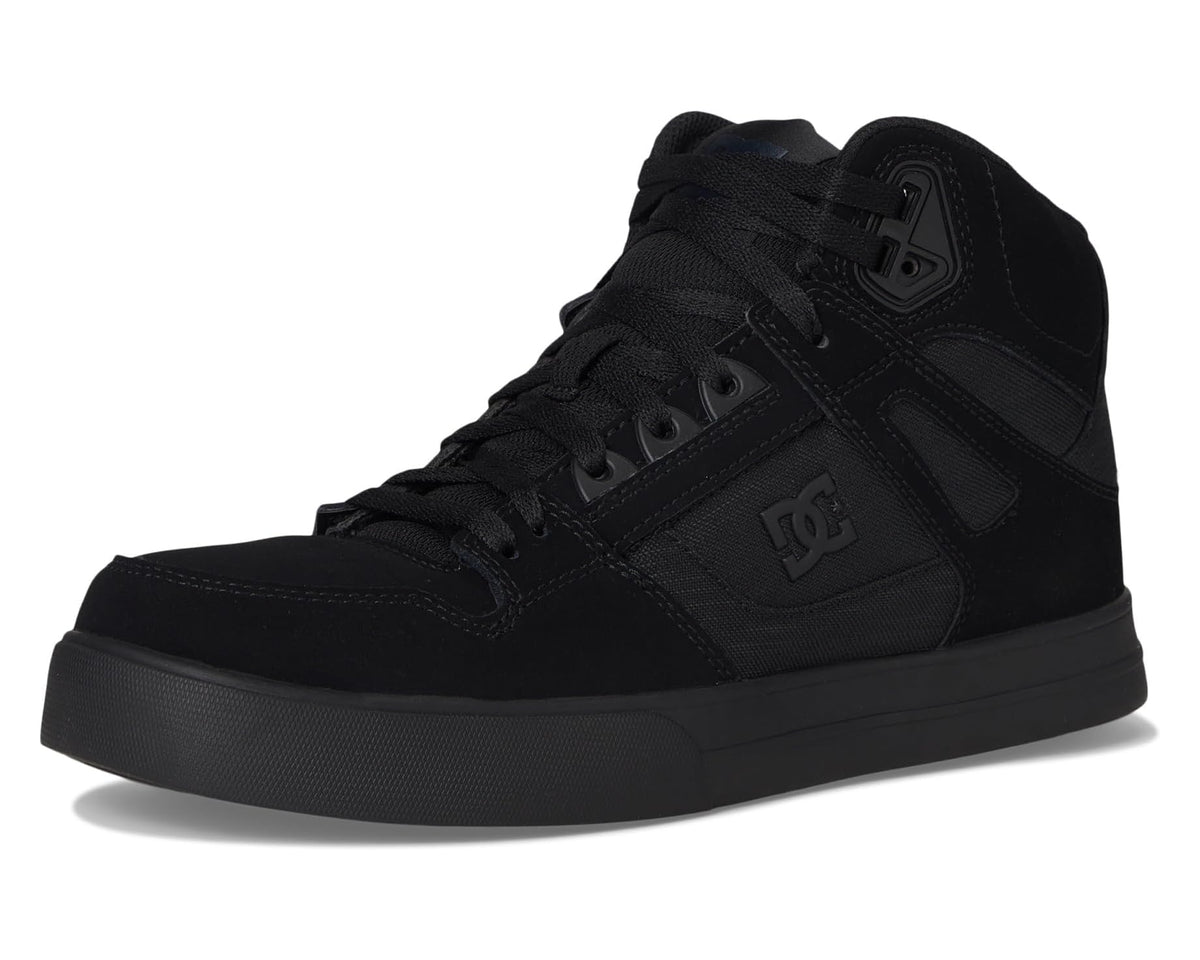 Men's black waterproof high-top work shoes front three-quarter view with thick rubber sole