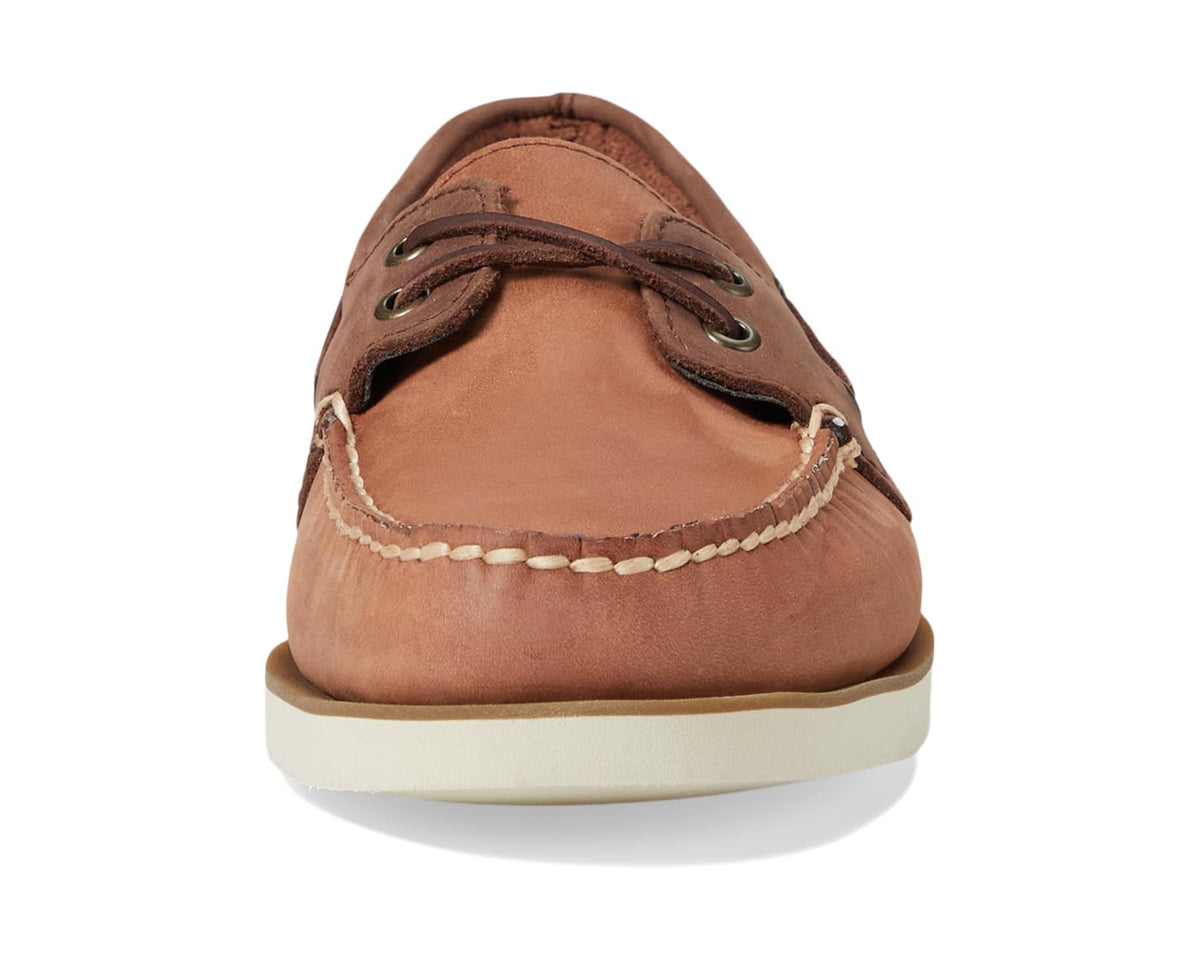 Brown boat shoe topline view with lace-up boat design and stitching detail
