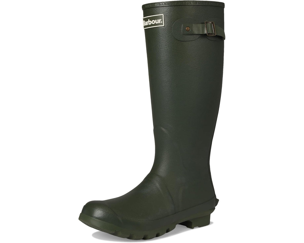 Olive green Barbour tall welly boots with side buckle strap and rounded toe