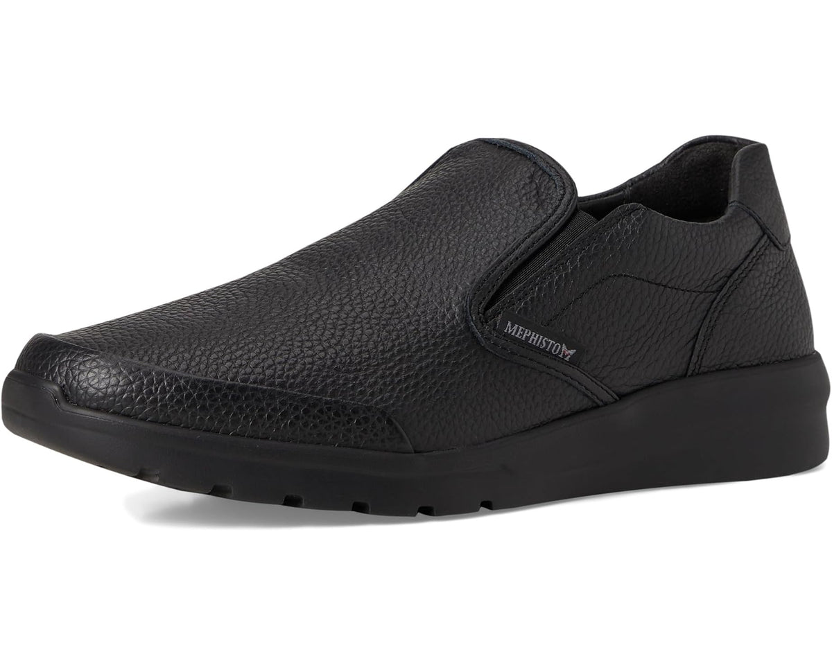 Men's black slip-on leather shoe with Mephisto emblem and textured finish
