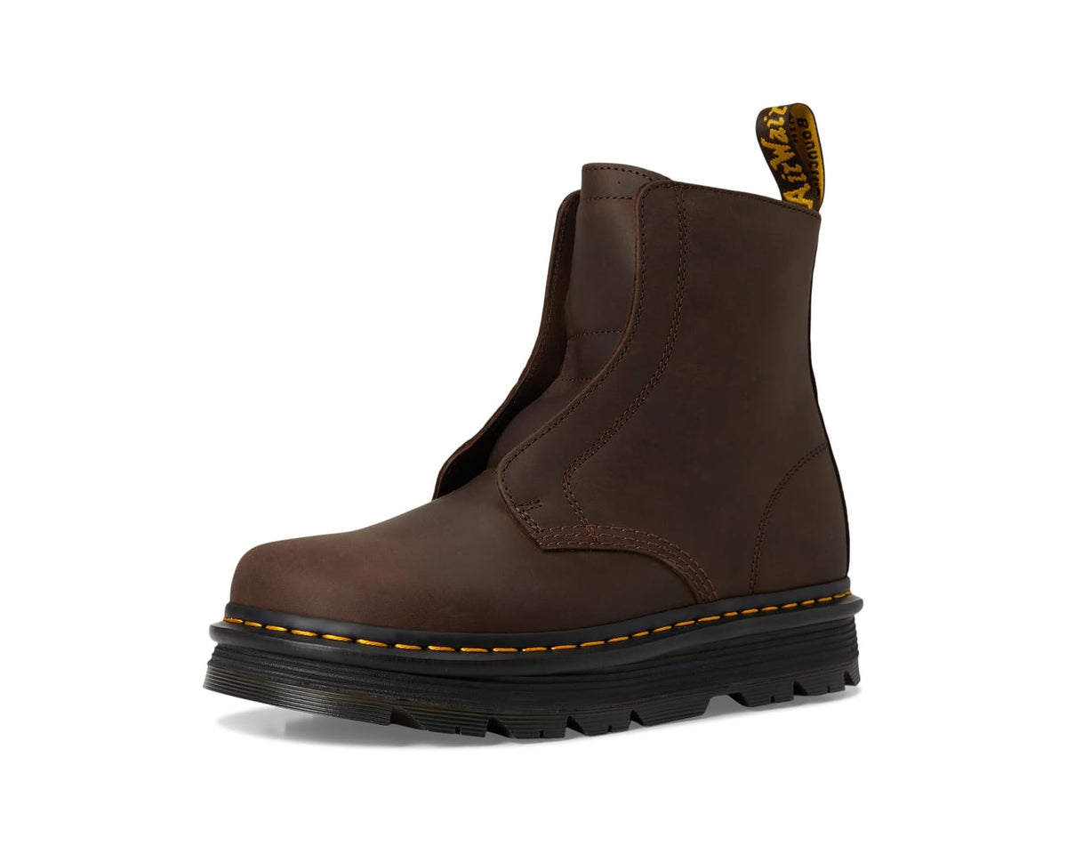 Dark brown lace-less ankle boot with side gore panels and yellow welt stitching