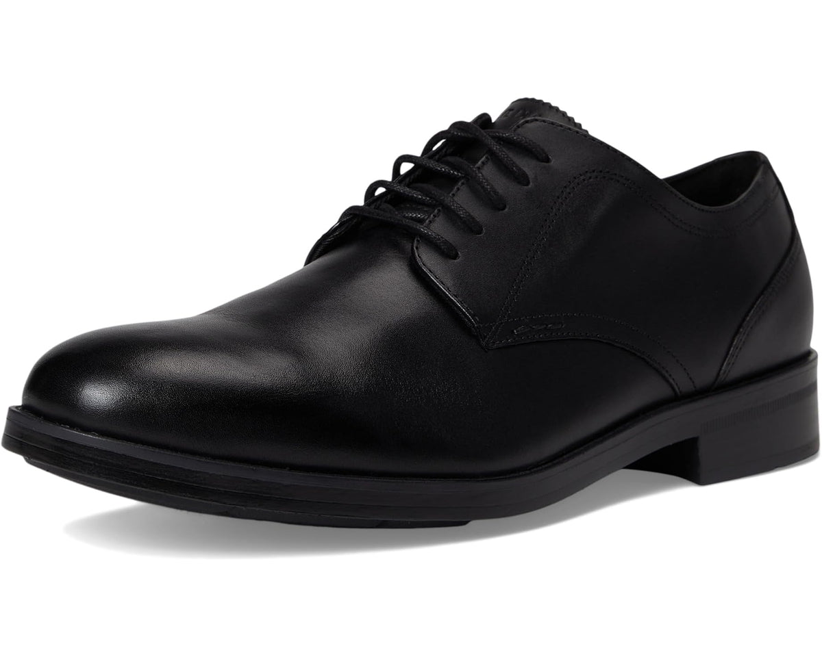 Black leather lace-up plain-toe oxford with sleek vamp and low stacked sole