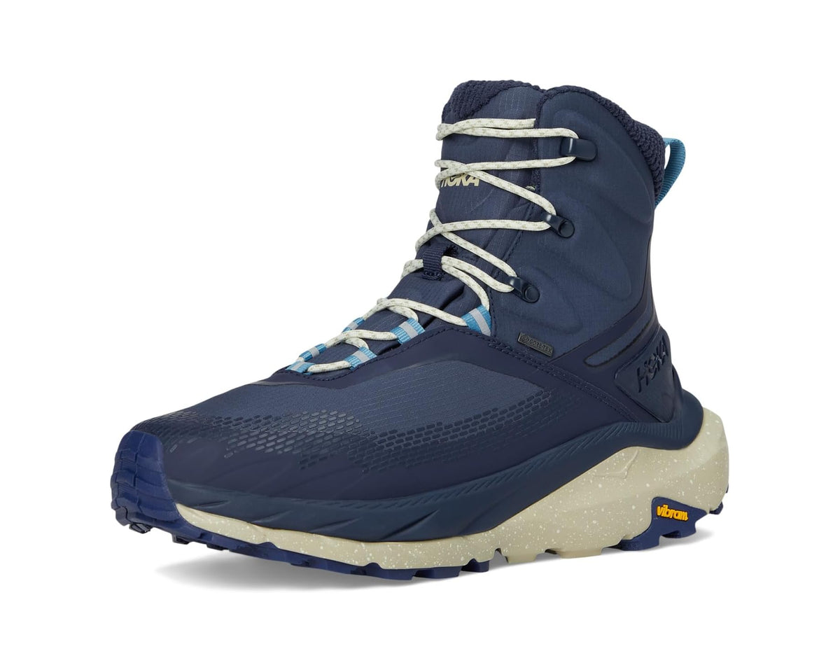 Men's navy hiking boot, beige outsole and blue-striped laces in front view