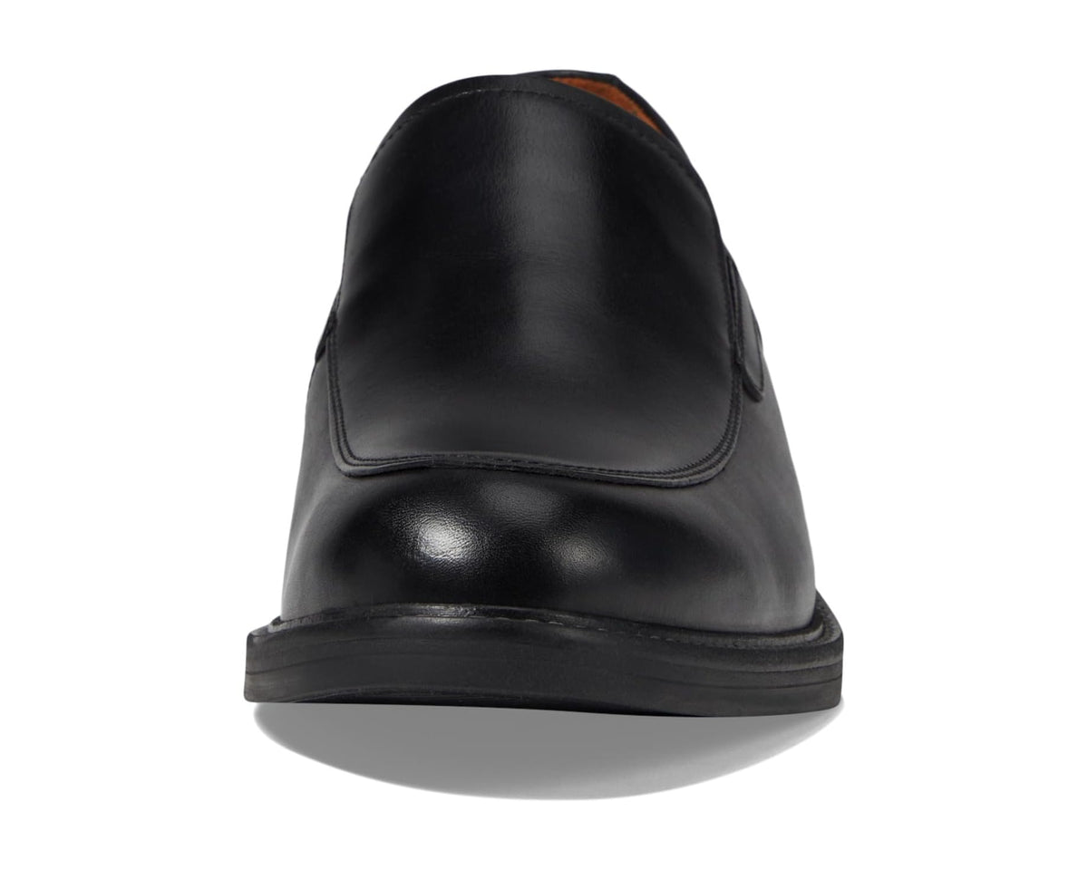 Black leather loafer front with rounded toe and slip-on opening