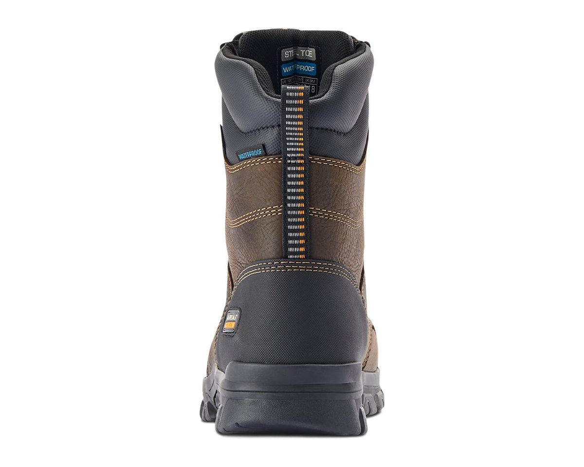 Dark brown work boot heel view with waterproof lining and durable rubber sole