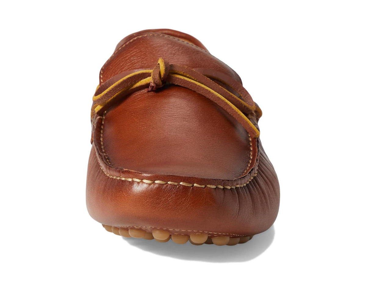 Cognac leather driver moccasin rear view with lace-tie and rubber studded heel