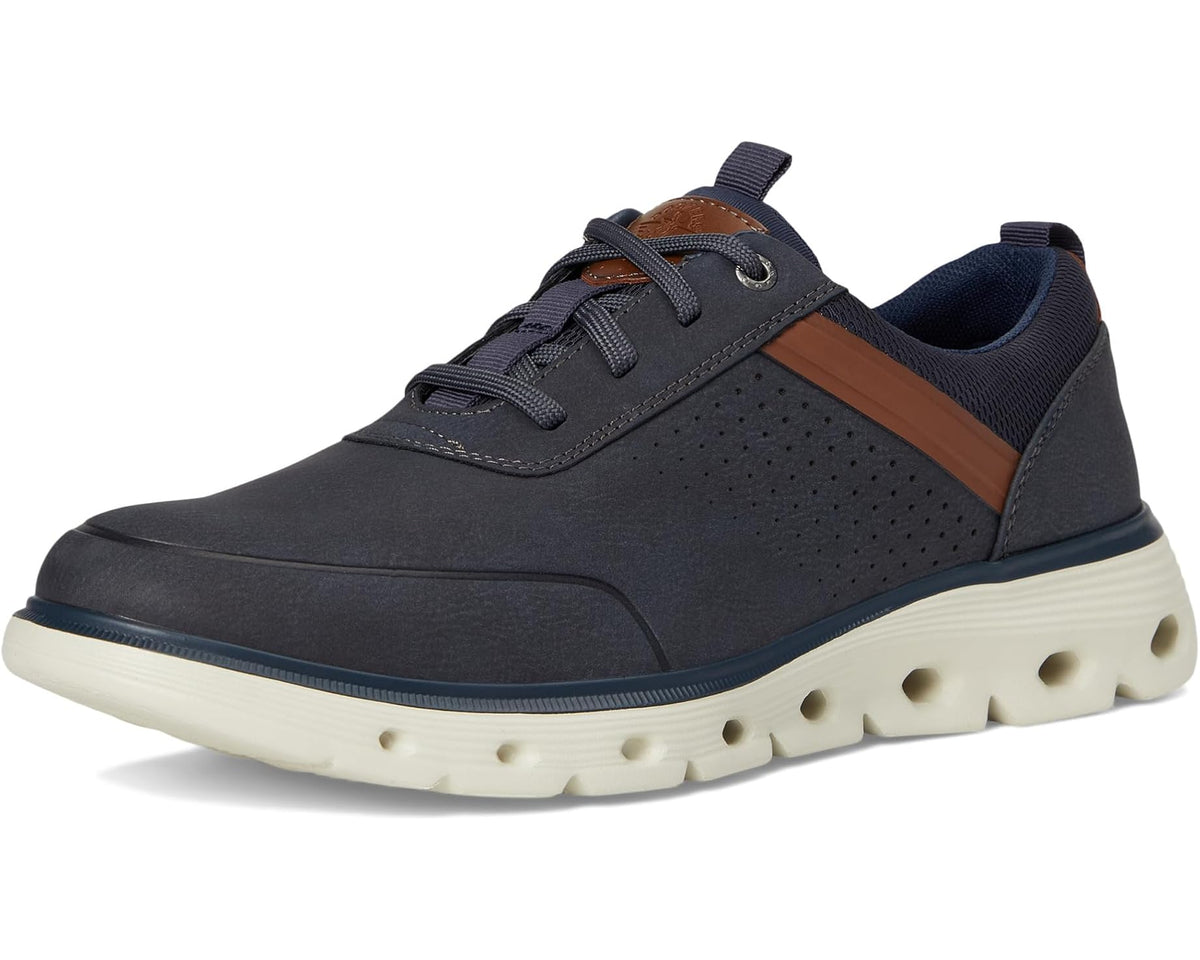 Navy lace-up sneaker with perforated toe, brown stripe, and foam midsole