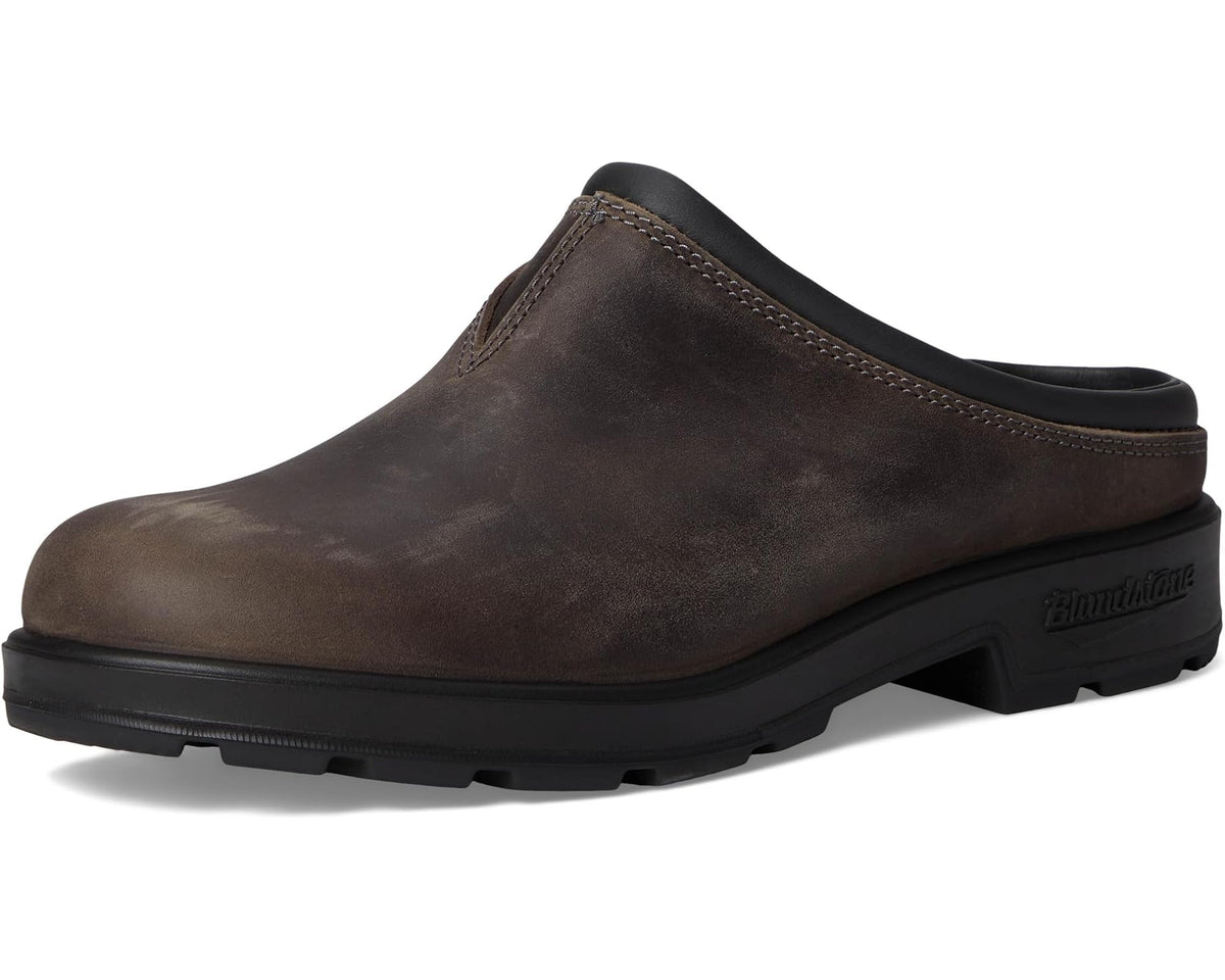 Unisex slip-on clog in dark brown leather with rounded toe and chunky black outsole