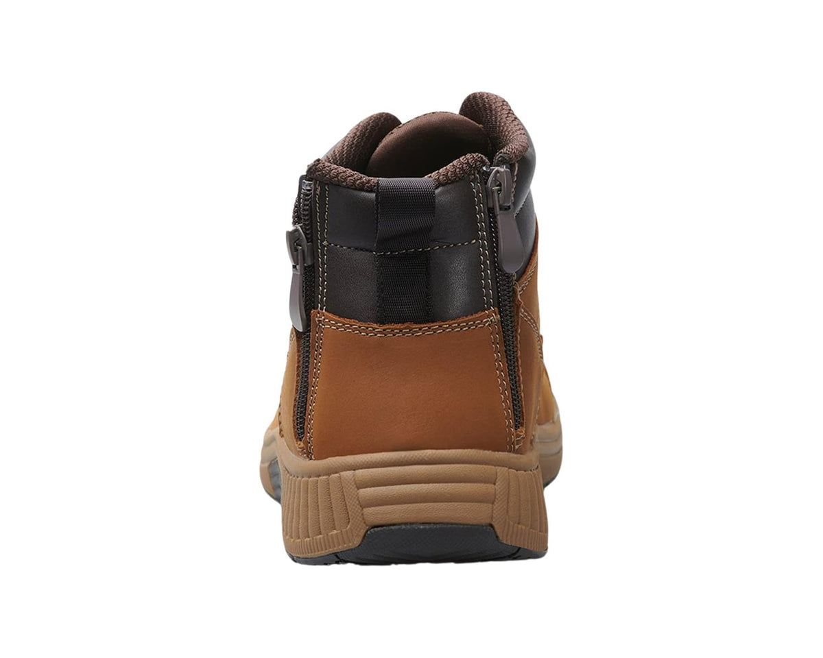Brown lace-up boot heel with rear pull tab and padded collar