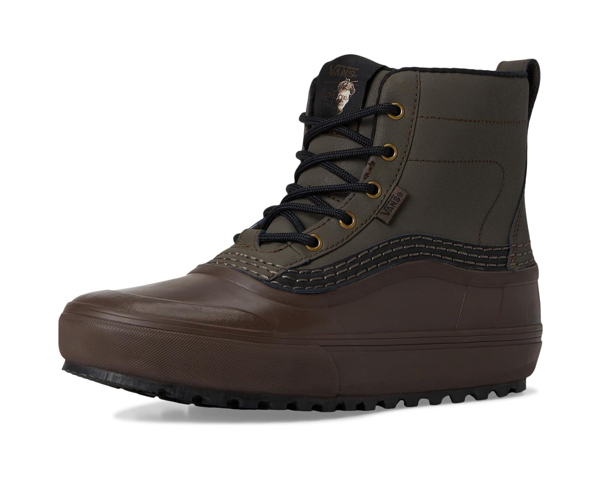Mid-top waterproof boot front view in dark brown with black laces and rugged outsole