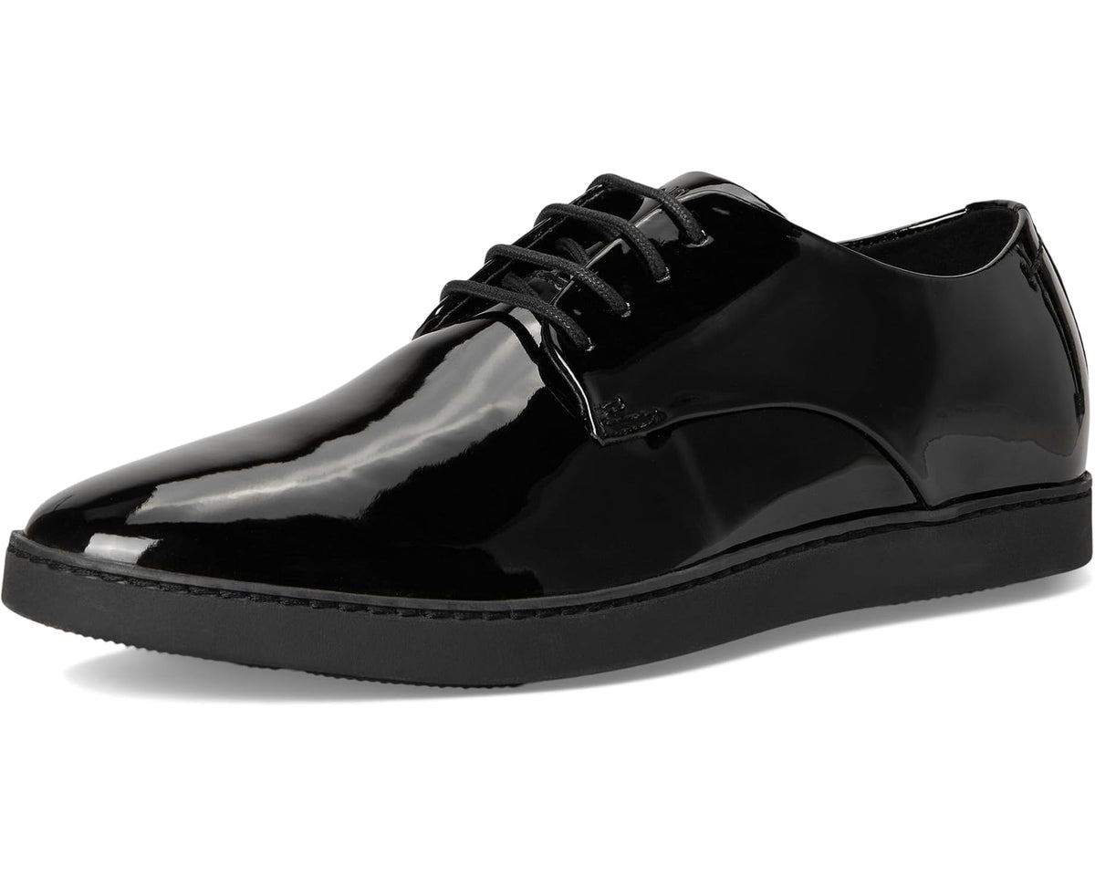 Black patent leather lace-up dress shoe, front three-quarter view