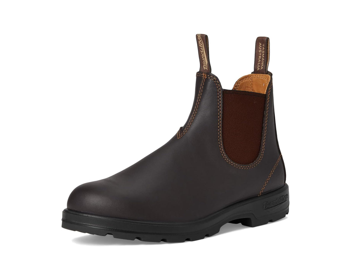 Front three-quarter view of dark walnut brown Blundstone BL550 Chelsea boots