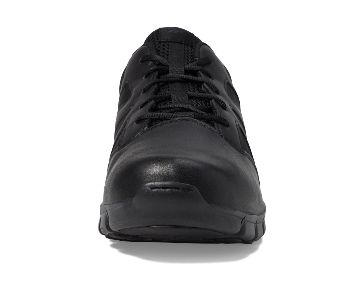 Black Reebok work shoe front view with smooth soft toe cap