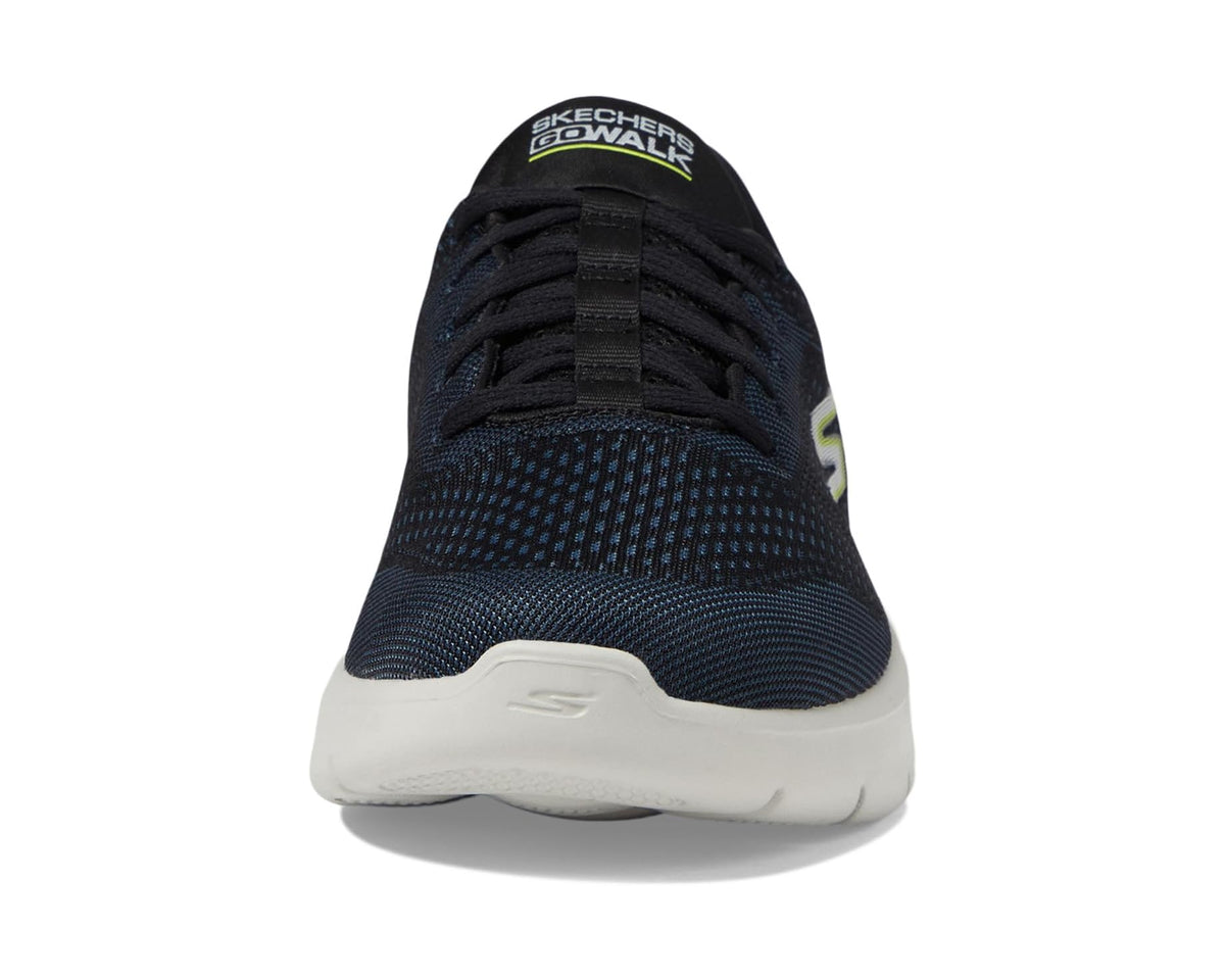 Navy knit sneaker with black laces and SKECHERS branding on tongue