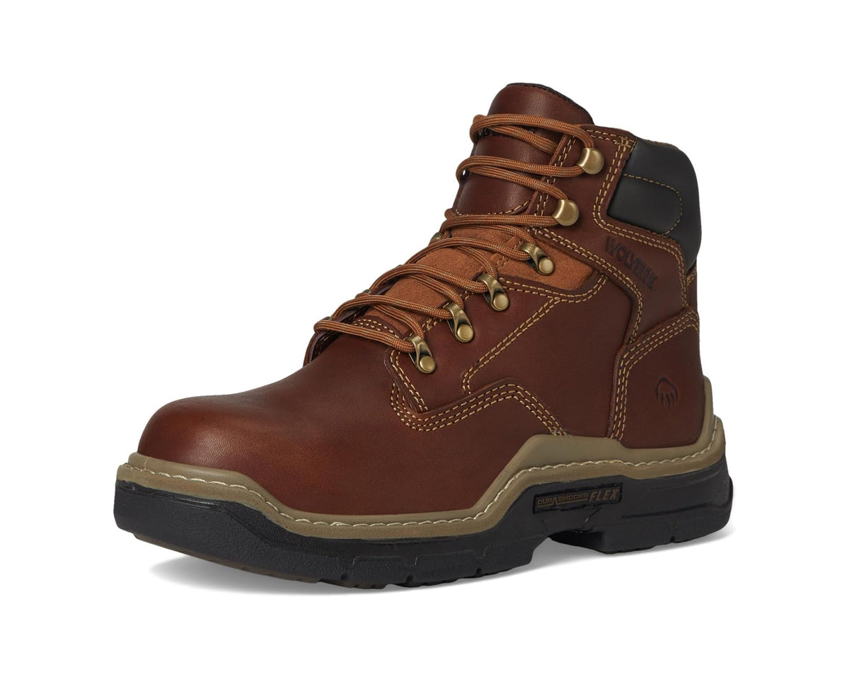 Brown lace-up men's work boot with padded collar and chunky rubber sole