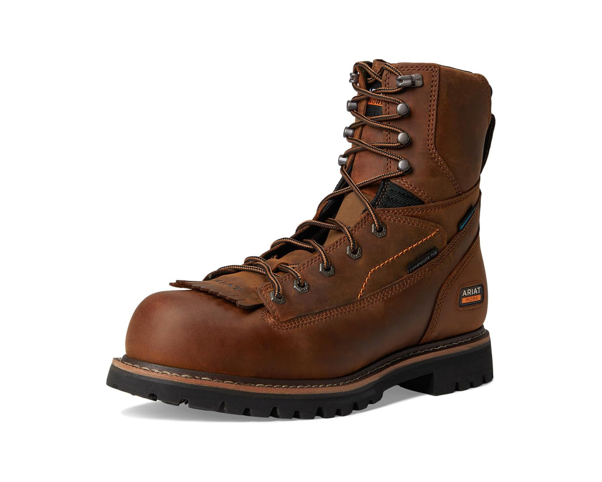 Men's copper brown 8-inch lace-up work boots with composite toe and textured traction sole