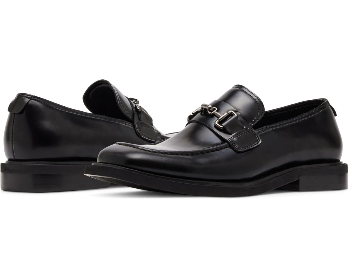 Men's black leather loafer with side buckle strap and low block heel